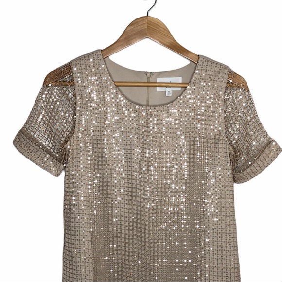 J By JOA Womens Gold Glitter Sequin Short Sleeve Lined Dress Size Small - Picture 1 of 16